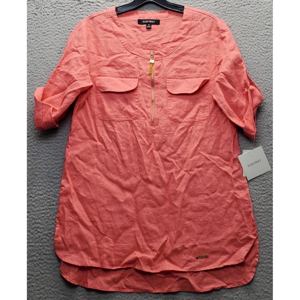 Ellen Tracy Linen Tunic Top Women Small Pink Classic Roll Tab Sleeve Quarter Zip